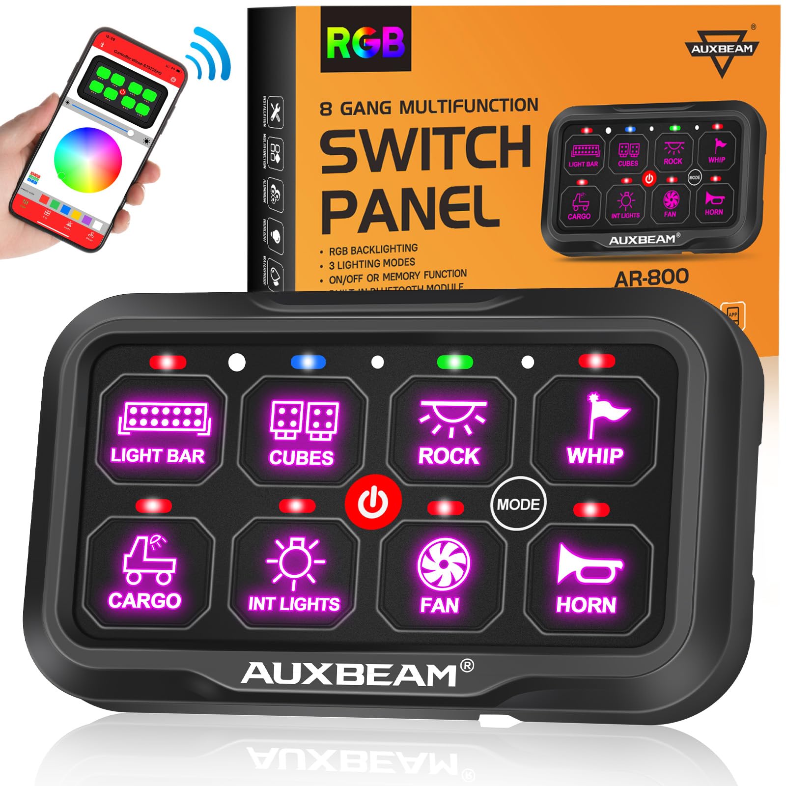 Auxbeam 8 Gang Switch Panel for Truck SUV with Bluetooth AR-800 Multifunction Waterproof Panel